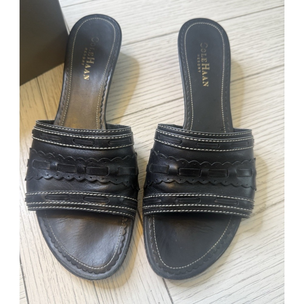 Cole Haan Black Leather Aruba Slide Sandals Womens Block Heel Open Toe W/ Box 8B